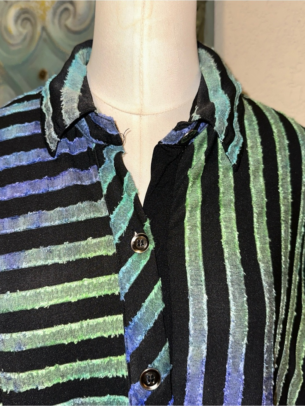 Calessa Womens XL Striped Tunic Button Front Blue Green Purple Lagenlook Artsy - Picture 3 of 11